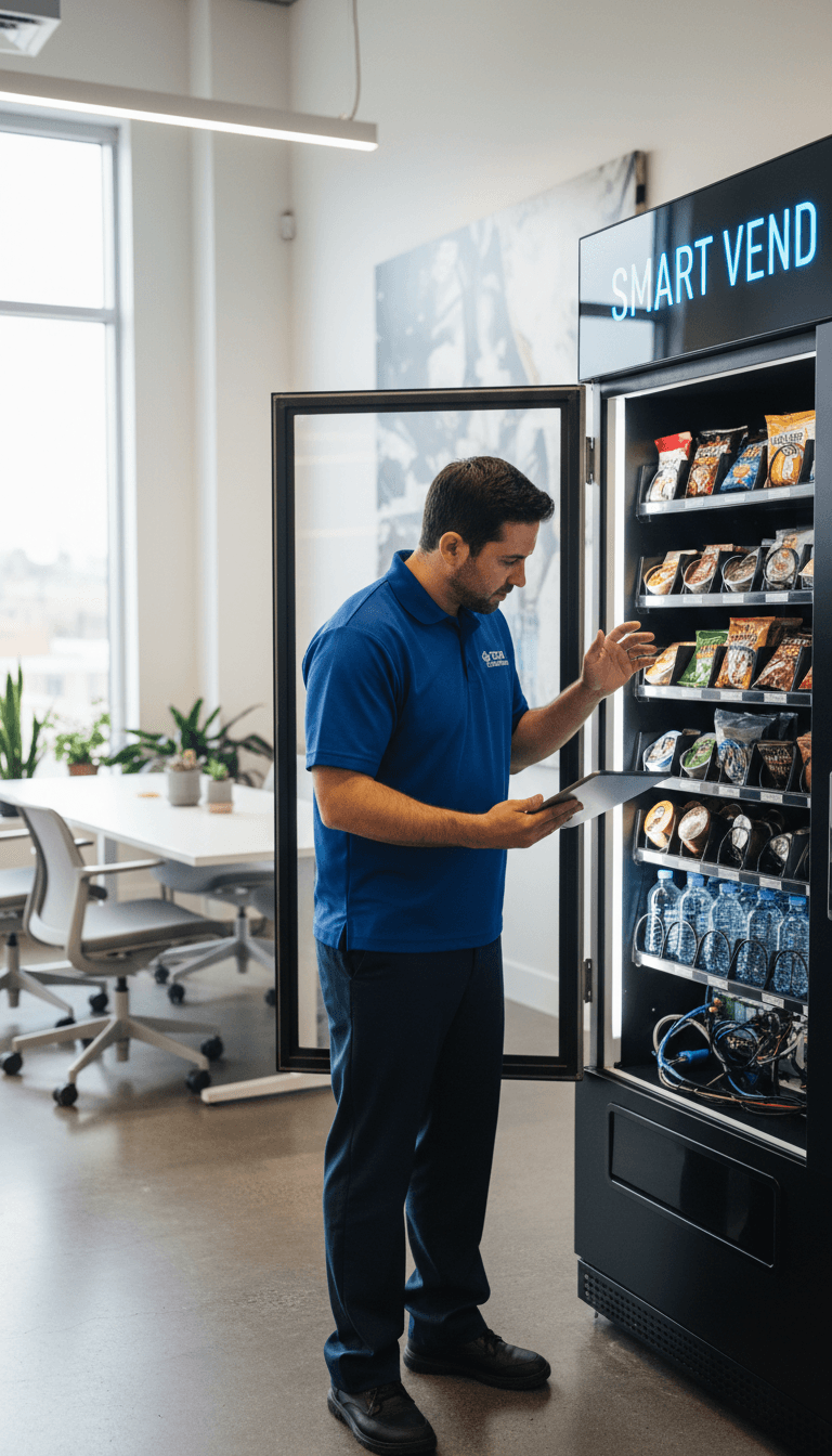 Technicien vérifiant l'intérieur d'un distributeur automatique moderne