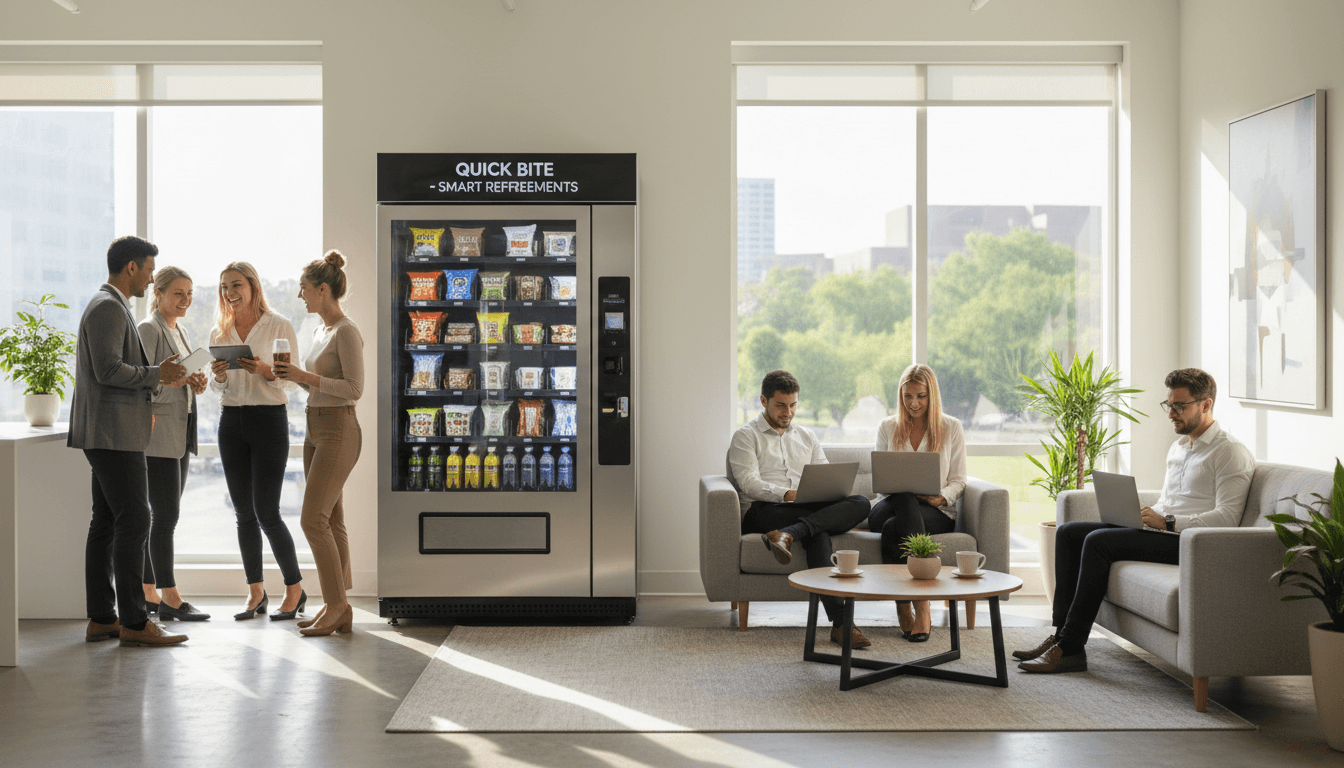 Employés utilisant un distributeur automatique moderne dans un espace de pause