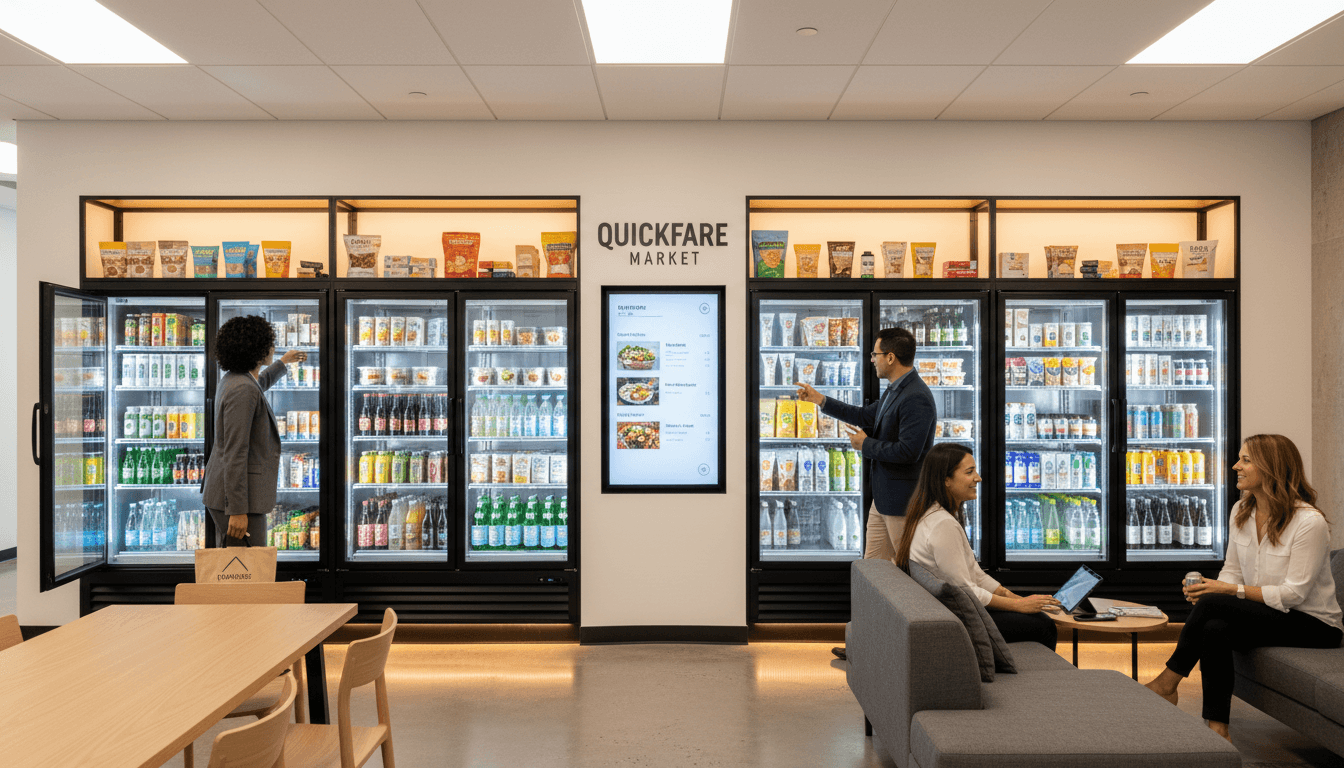 Distributeur automatique moderne dans une salle de pause de bureau lumineuse